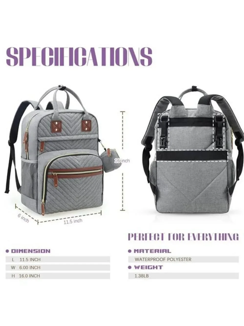 Tuwubi Diaper Bag Backpack Baby Travel Tote Waterproof Stroller Straps Grey